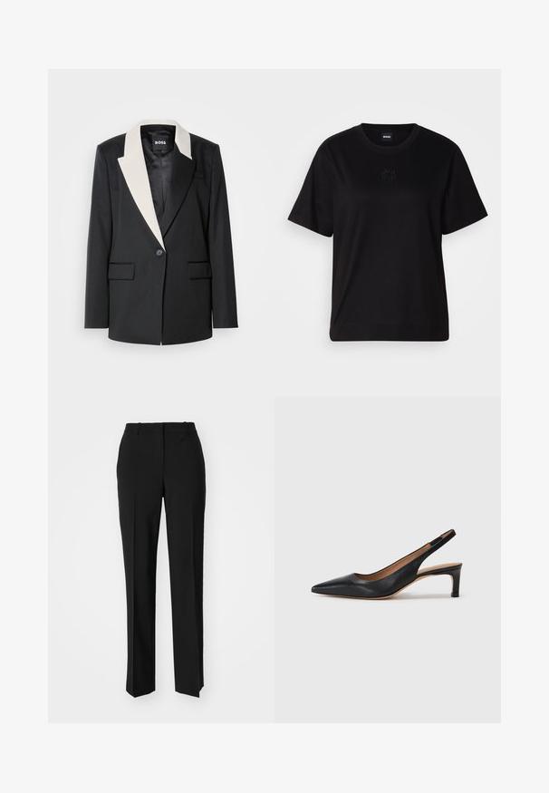 Blazer noir ajusté avec un col châle blanc contrastant, fermeture à un bouton et deux poches avant. Texture du tissu lisse.; T-shirt en coton noir avec un col rond, des manches courtes et un logo brodé sur la poitrine. Coupe simple et décontractée sans motifs.; Pantalon noir ajusté avec une coupe droite, présentant une texture lisse et des plis nets sur le devant. Aucune quincaillerie visible.; Escarpin slingback en cuir noir avec un bout pointu, un petit talon et une texture lisse. Doté d'une fine sangle réglable pour un ajustement sécurisé.