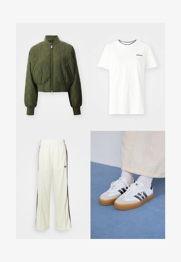Quilted bomber jacket in dark green with a high collar, front zip, ribbed cuffs, and cropped design. Features diagonal stitching accents.; White cotton t-shirt with short sleeves and a round neckline. Features a black Adidas logo on the chest and a contrasting black inner collar.; Cream-colored sweatpants with a relaxed fit, featuring dark brown side stripes and an embroidered logo on the left thigh.; White sneakers with black stripes and beige suede accents. Feature a textured gum sole and flat white laces, worn with light-colored socks.