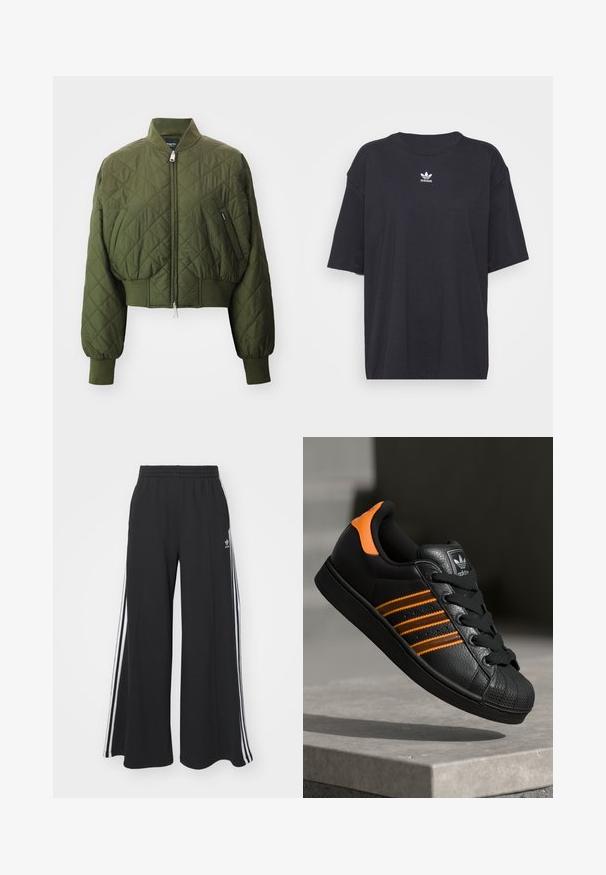 Kvatēts bomber jakas tumši zaļā krāsā ar augstu apkakli, priekšējo rāvējslēdzēju, ribota garuma piedurknēm un īsu dizainu. Iezīmējas ar diagonālām šuvēm.; Melna kokvilnas t-kreklā ar īsām piedurknēm un apaļu kakla izgriezumu, uz krūtīm ir balta Adidas logo. Vienkāršs dizains, brīvs piegriezums.; Melnas plašas sporta bikses ar elastīgu jostasvietu, kurām ir baltas sānu svītras un izšūts logo kreisajā augšstilbā.; Melnas kedas ar oranžiem akcentiem, trīs horizontālas svītras, teksturēts ādas augšdaļa, gumijas purngala daļa un melnas auklas.