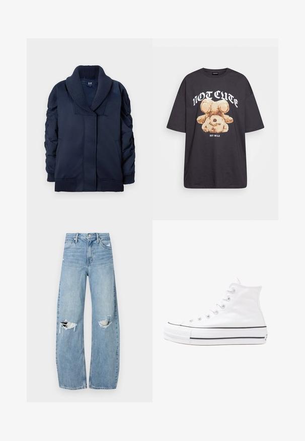 Giacca blu navy con colletto a scialle a coste, maniche arricciate, tasche frontali e polsini e orlo a coste, piegata piatta su sfondo bianco.; T-shirt nera oversize con una grafica di un orso e la scritta "NON CARINA MA SELVAGGIA" in grassetto, lettere bianche. Materiale in cotone.; Jeans azzurri chiari a vita alta realizzati in denim. Presentano gambe larghe, due aree strappate sulle ginocchia e il classico styling a cinque tasche.; Sneaker alta in tela bianca con suola in gomma nera, punta in gomma frontale e sei asole per i lacci, caratterizzata da un design pulito e minimalista.