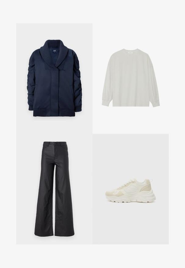 Navy blue jacket with ribbed shawl collar, ruched sleeves, front pockets, and ribbed cuffs and hem, folded flat on white background.; Light gray long-sleeve t-shirt made of soft cotton. Features a loose fit, round neckline, and gently gathered cuffs. No patterns or graphics.; Black, wide-leg pants in a faux leather material. Features a high waist, belt loops, two front pockets, and stitched detailing.; White sneakers with a chunky sole, featuring mesh and suede materials, a rounded toe, and a lace-up design. Simple, minimalistic accents.