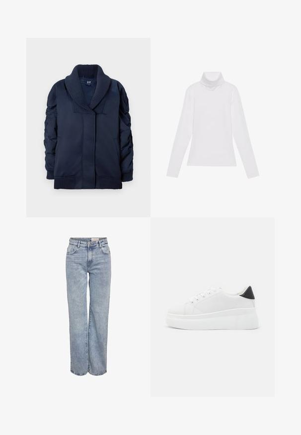 Tamsiai mėlynas švarkas su raukinėta šiltu apykakle, raukšlėtis rankovėmis, priekinėmis kišenėmis ir raukšlėtais rankogaliais bei medžiagos nėriniu, ištiestas ant balto fono.; Baltas ilgomis rankovėmis turtleneko tipo marškinėliai, pagaminti iš lygaus, tamprus audinys. Yra aukštas apykaklė ir prisitaikantis dizainas, be matomų raštų ar papuošimų.; Šviesiai mėlyni plačios kojų džinsai, pagaminti iš džinsinio audinio, pasižymintys aukštu liemeniu, penkių kišenių dizainu ir subtiliu blukimu, kad atrodytų jau dėvėti.; Balti platforminiai sportbačiai, pagaminti iš lygios sintetinio audinio, su apvaliu pirštu, raištelių užsegimu ir tekstūruota guma padanga. Juodas kulno akcentas.