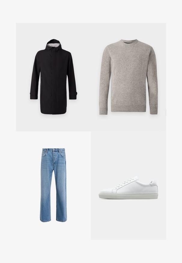 Fekete vízálló kabát magas gallérral, hosszú ujjakkal és egyenes szabással. Elöl cipzárral záródik, és oldalsó zsebei vannak. Belső része mintás béléssel van ellátva.; Világosszürke kötött pulóver kerek nyakkivágással, hosszú ujjakkal, bordás mandzsettákkal és szegéllyel. Texturált minta színes foltokkal.; Világoskék farmernadrág, egyenes szárú fazonnal, öt zsebbel, gombos záródással, minimális kopással és kontrasztos varrással.; Fehér sportcipő sima bőr felső résszel és alacsony profilsal. Kerek orr, hat fűzőlyuk és barázdált gumitalp jellemzi.