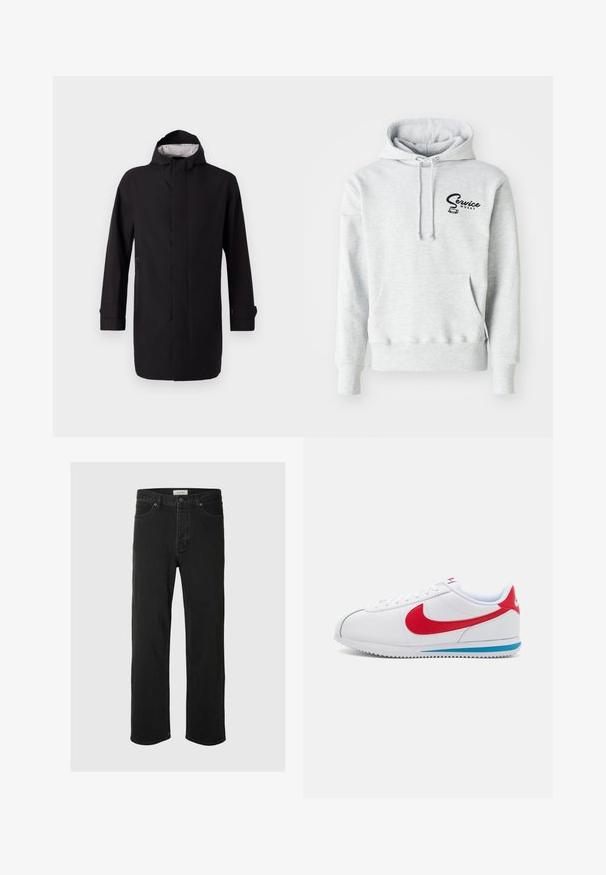 Abrigo negro impermeable con un cuello alto, mangas largas y un corte recto. Cuenta con un cierre frontal y bolsillos laterales. El interior tiene un forro con un patrón.; Sudadera gris hecha de un tejido suave, con un bolsillo frontal, capucha con cordón y un logo negro de "Service Works" en la parte izquierda del pecho.; Los jeans rectos de mezclilla negra presentan un diseño clásico de cinco bolsillos con cierre de botón, costuras mínimas y una textura suave.; Zapatilla blanca con acentos rojos, con una parte superior de cuero suave, punta redonda y una suela azul. Diseño con cordones y detalles de costura visibles.