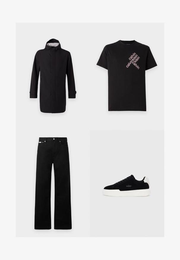 Caban negru impermeabil cu guler înalt, mâneci lungi și croi drept. Dispune de un fermoar frontal și buzunare laterale. Interiorul are căptușeală cu un model.; Tricou din bumbac negru, cu un imprimeu diagonal roz al logo-ului "calvin klein" pe partea din față. Mâneci scurte și decolteu rotund.; Pantaloni din denim negri cu un design cu picioare largi, având cinci buzunare și accesorii metalice pentru butoane. Textură netedă, fără modele vizibile.; Adidași negri cu talpă albă și tab cu toc alb, cu șireturi în față și logo-ul Calvin Klein pe lateral.
