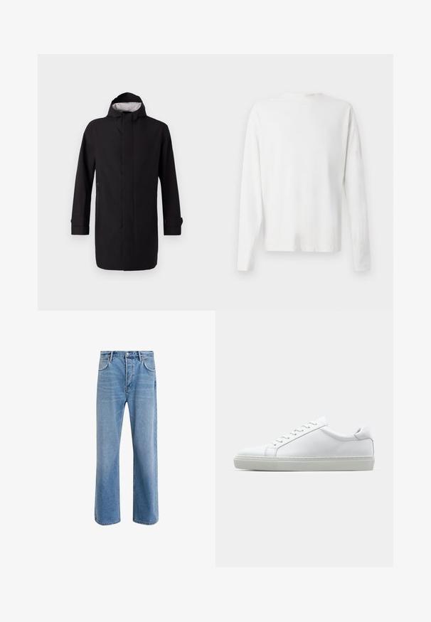 Black waterproof coat with a high collar, long sleeves, and a straight cut. Features a front zipper and side pockets. Interior has a patterned lining.; Long-sleeved white cotton shirt with a round neckline, side slits at the bottom, and a smooth texture, displayed from the back.; Light blue denim jeans with a straight-leg design, five pockets, button closure, minimal fading, and contrasting stitching details.; White sneaker with a smooth leather upper and a low profile. Features a rounded toe, six eyelets, and a textured rubber sole.