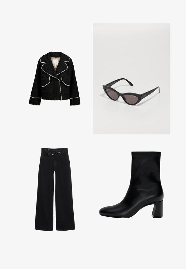 Jachetă neagră dintr-un material texturat cu detalii albe. Caracteristici: guler tip rever, două buzunare frontale și un design scurt.; Pulover tricotat negru cu mânecă lungă, guler rotund, manșete și tivș ribetate și lungime scurtă.; Jeans negri cu talie înaltă, cu picioare largi, dotate cu buzunare frontale, bucle pentru brâu și închidere cu două butoane.; Cizmă neagră până la gleznă, fabricată din piele netedă. Prezintă un vârf pătrat, partea de sus elastică și un toc masiv pentru stabilitate. Design minimalist.; Ochelari de soare cu formă de cat-eye, cu o ramă neagră mată și lentile închise la culoare, având logo-ul "vogue" pe lateral și o formă unghiulară distinctivă.; Even&Odd Geantă de mână - black