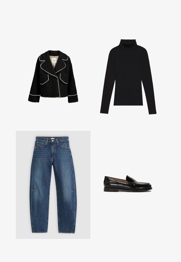 Schwarze Jacke aus strukturiertem Stoff mit weißen Akzenten. Zu den Merkmalen gehören ein Reverskragen, zwei Vordertaschen und ein cropped Design.; Schwarzes langärmeliges Turtleneck-Oberteil aus geripptem Stoff, mit einer taillierten Passform, hohem Kragen und ohne Muster oder Akzente.; Dunkelblaue Jeans aus Denim mit geradem Bein, ausgestattet mit Vorderaschen, Kontrastnähten und einer dezenten, ausgewaschenen Textur an den Beinen.; Schwarzer Lederloafer mit runder Zehenpartie, schlupfendem Design und dezenten Nahtdetails entlang des Oberteils. Flache Gummisohle.