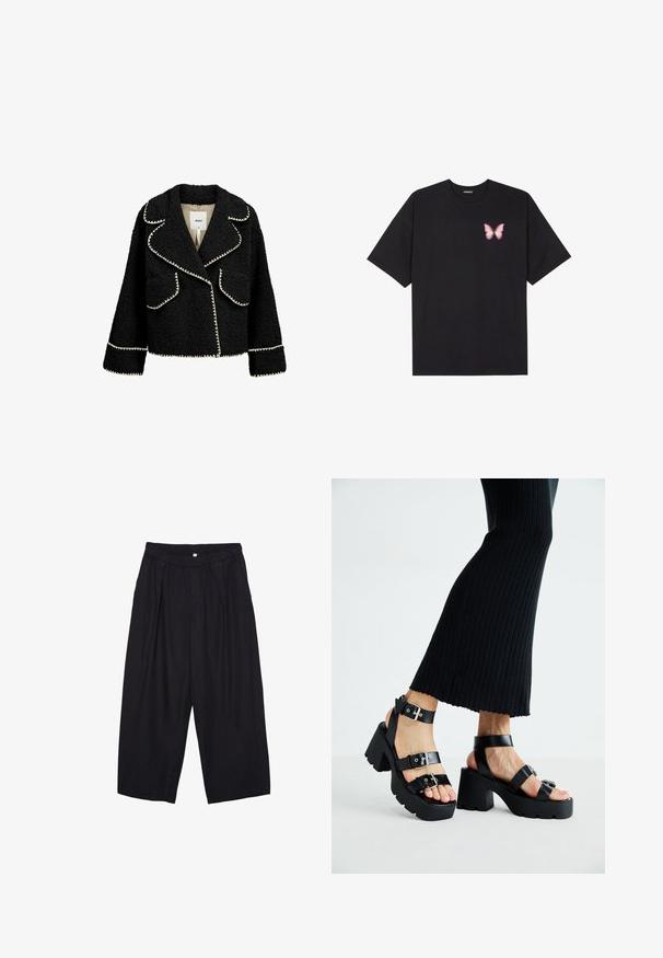 Zwarte jas van textuurstof met witte accenten. Kenmerken zijn onder meer een reverskraag, twee voorkruiken en een cropped ontwerp.; Zwarte katoenen t-shirt met korte mouwen, voorzien van een kleine roze vlinder graphic op de linkerkant van de borst. Crew neck ontwerp met een relaxte fit.; Zwarte polyester culottes met een elastische tailleband, twee voorkreukels en een losse pasvorm. Geen zichtbare patronen of hardware-details.; Zwarte platform sandalen met dikke, grofgevormde zolen en meerdere bandjes, voorzien van metalen gespen en een gladde leerachtige textuur.