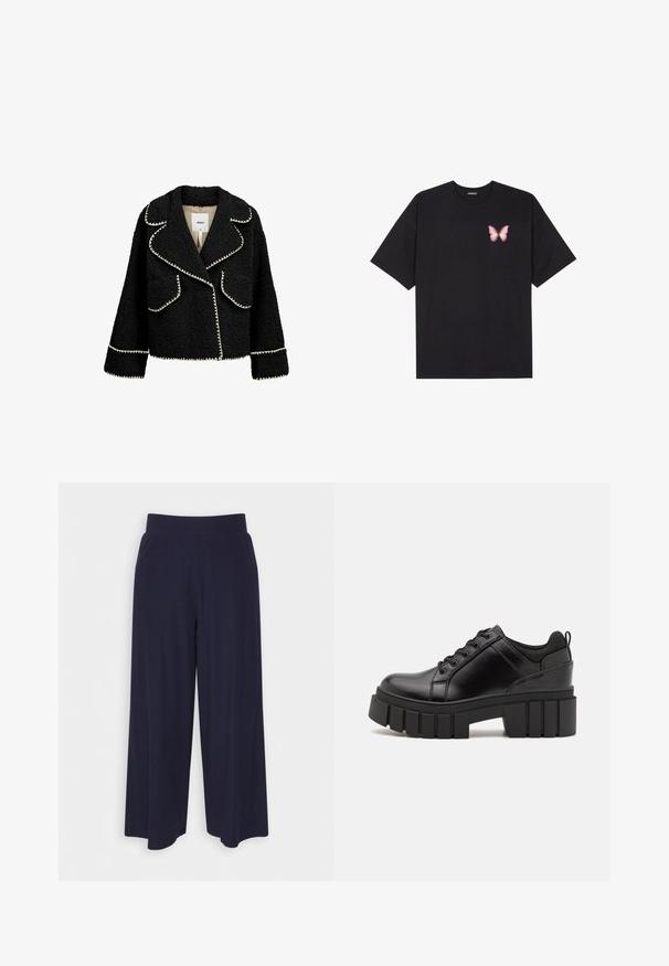 Chaqueta negra hecha de tela texturizada con ribete blanco. Las características incluyen un cuello con solapa, dos bolsillos delanteros y un diseño corto.; Camiseta de algodón negra de manga corta, con un pequeño gráfico de mariposa rosa en el lado izquierdo del pecho. Diseño de cuello redondo con un corte relajado.; Pantalones de pierna ancha en tejido de un oscuro color navy con una textura acanalada. Presenta una cinturilla suave y una silueta fluida, llegando a la altura de las pantorrillas.; Zapatos de plataforma de cuero negro con un tacón cuadrado grueso, punta redonda y diseño tradicional de cordones. Presenta una textura suave y un detalle minimalista.