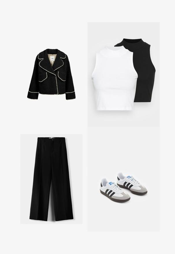 Fekete, strukturált anyagú dzseki fehér díszítéssel. Jellemzői közé tartozik egy hajtott gallér, két elülső zseb és egy cropped fazon.; Két ujjatlan, bordázott garbós top fekete és fehér színben, testhezálló kialakítással és sima textúrával, rövidített hosszal.; Fekete, bő szárú nadrág, könnyű anyagból, elöl gombos záródással és sima elfröccsenésű fazonnal, szépen varrott szegélyekkel.; Fehér bőr felsőrészes sportcipő, szürke velúrból készült orral és három fekete csíkkal. Jellemzője a kék logó a nyelvén és egy texturált gumitalp.