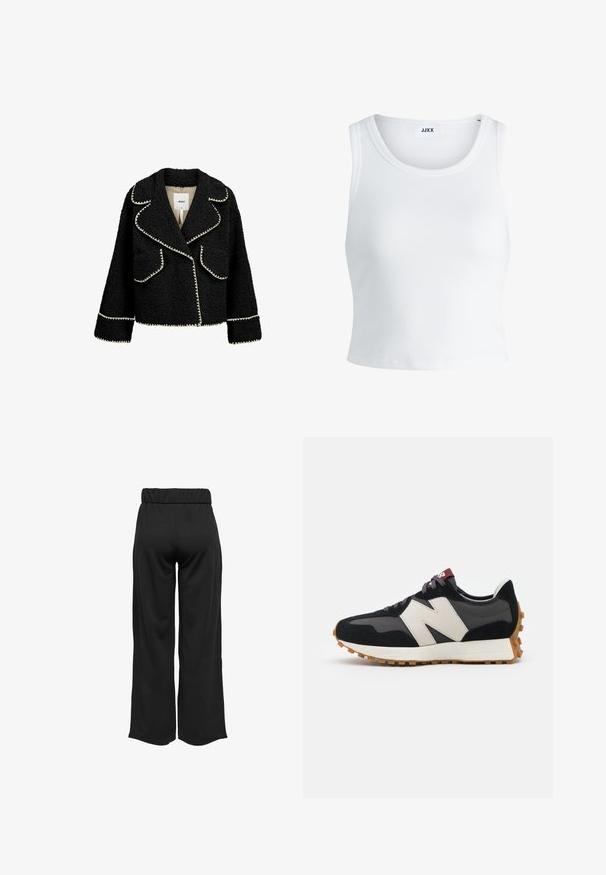 Black jacket made of textured fabric with white trim. Features include a lapel collar, two front pockets, and a cropped design.; White ribbed tank top featuring a round neckline, sleeveless design, and a cropped length. Label reads "JJXX." Smooth fabric texture.; Black, wide-leg pants with an elastic waistband, made from smooth fabric. Features a clean design with no pockets or visible stitching details.; Black and gray suede sneaker with a large cream-colored "N" logo, purple laces, and a textured gum rubber outsole.