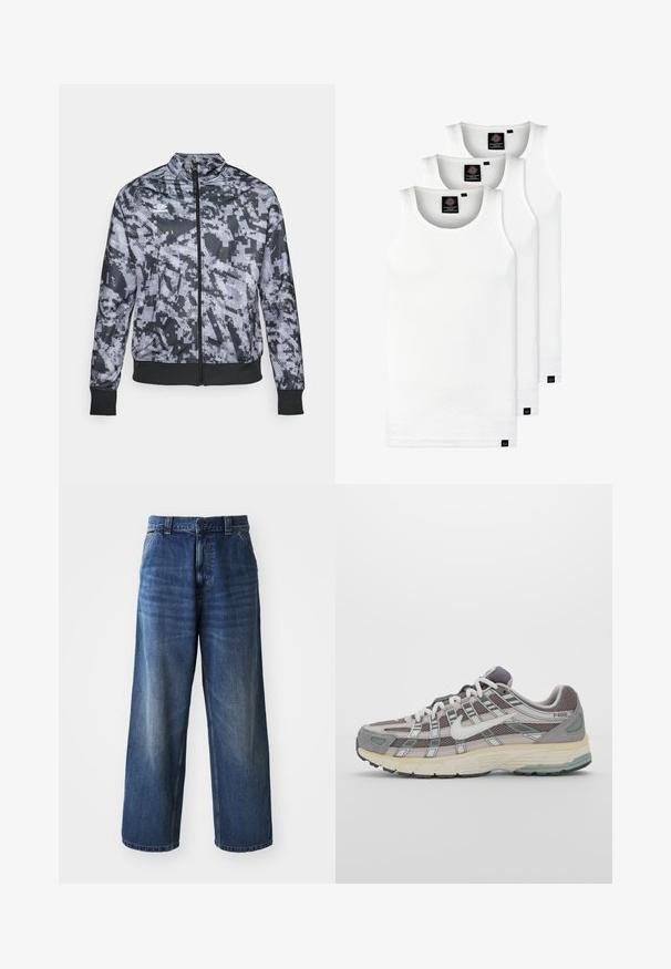 Grå camouflagemønstret zip-up jakke med ståkrave, sorte manchetter og talje, med en glat tekstur og subtile geometriske mønstre.; Tre hvide ribbede tanktops lavet af bomuld. Har en rund hals og små sorte mærker nær sømmen. Fås i flere størrelser.; Højtaljede blå denimjeans med vid benvidde, der har subtil falming, forlommer og en knaplukning i taljen.; Grå sportssko med overdel i mesh og ruskind, hvide accenter, en polstret sål og et særpræget design med reflekterende elementer.