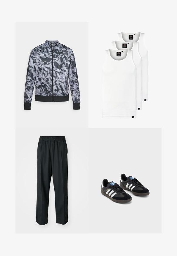 Grå camouflagemønstret zip-up jakke med ståkrave, sorte manchetter og talje, med en glat tekstur og subtile geometriske mønstre.; Tre hvide ribbede tanktops lavet af bomuld. Har en rund hals og små sorte mærker nær sømmen. Fås i flere størrelser.; Sorte træningsbukser med elastisk talje, lavet af glat stof, med diskrete sidesyninger og en afslappet pasform, lige ben design.; Sorte sneakers med en overdel i ruskind og syntetisk materiale, med tre hvide striber, struktureret gummisål og en blå logoetiket på tungen.