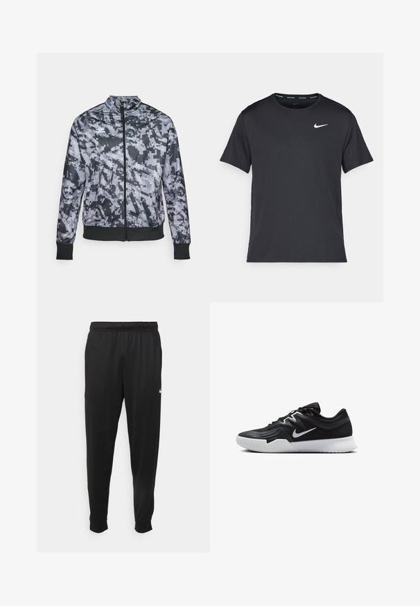 Grå camouflagemønstret zip-up jakke med ståkrave, sorte manchetter og talje, med en glat tekstur og subtile geometriske mønstre.; Sort Nike løbe T-shirt lavet af let, åndbart materiale, med korte ærmer og et lille hvidt logo på brystet.; Sorte atletiske bukser lavet af glat stof, med elastisk talje, smalnende ben og et lille hvidt logo på venstre side.; Sort atletiksko med en tekstureret overdel, hvid Nike swoosh og en hvid gummisål. Har en snørret design og dynamisk form.
