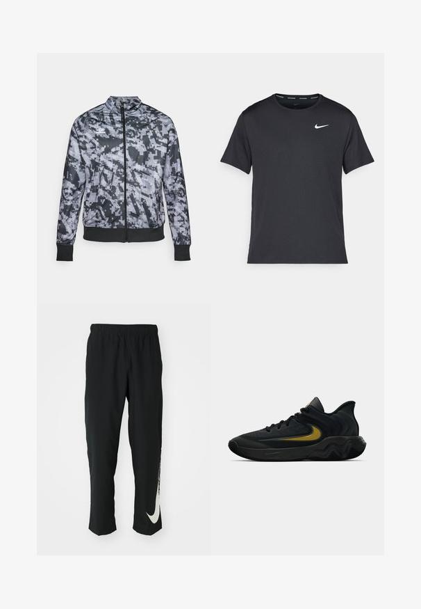 Casaco com fecho zip cinza em padrão camuflado, com gola alta, punhos e cós pretos, apresentando uma textura suave e padrões geométricos subtis.; T-shirt de corrida Nike preto, feito de material leve e respirável, com mangas curtas e um pequeno logo branco no peito.; Calças atléticas pretas com cintura elástica, design afunilado, apresentando um grande logótipo branco da Nike na perna esquerda. Tecido macio e leve.; Tênis atlético preto e cinza escuro com cadarços pretos e logotipo swoosh dourado, apresentando um design de sola ondulada e colarinho acolchoado no calcanhar.