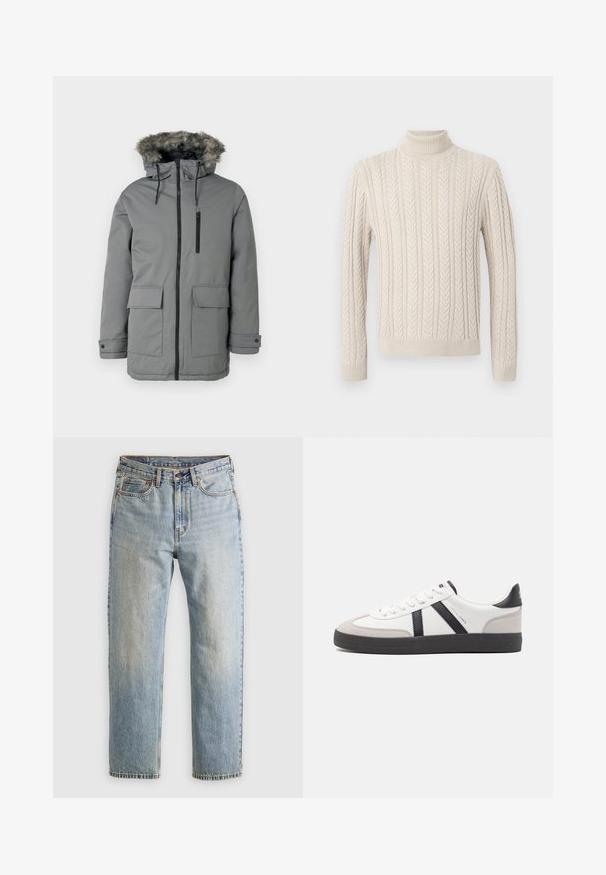 Gray padded parka jacket with a faux fur-lined hood, front zip closure, two large front pockets, and a zippered chest pocket.; Beige, knitted sweater with a high, ribbed turtleneck. Features a textured cable pattern and ribbed cuffs and hem, offering a cozy appearance.; Light blue denim jeans with high waist, front button, zipper, and five-pocket design, laid flat on a neutral background.; White sneaker with black and gray accents, featuring a textured gray toe cap, black rubber sole, and flat white laces. Clean design, minimalist style.