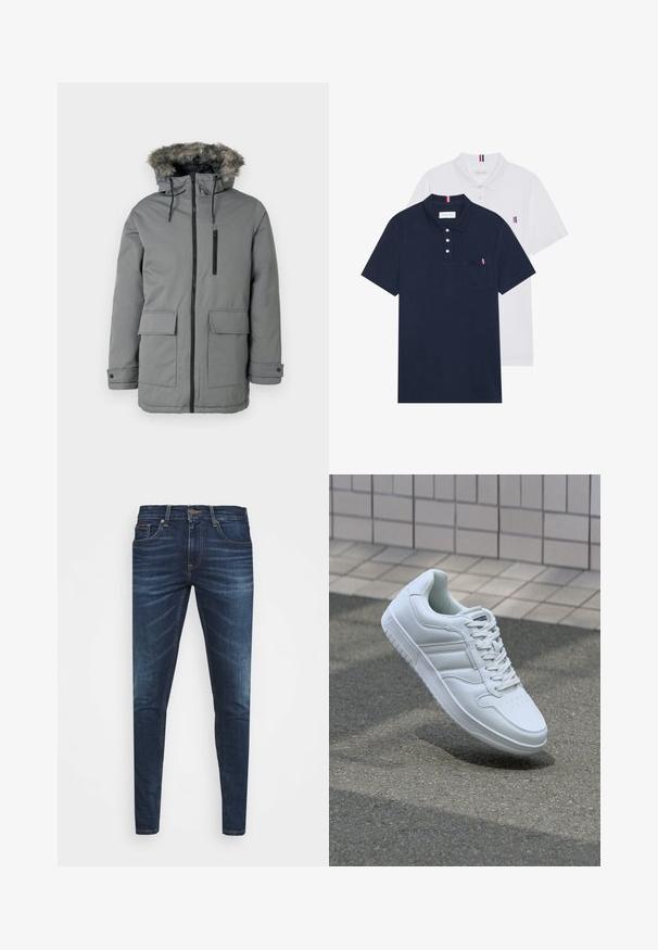 Gray padded parka jacket with a faux fur-lined hood, front zip closure, two large front pockets, and a zippered chest pocket.; Two polo shirts: one navy blue and one white, both with a small red, white, and blue accent on the chest pocket and collar.; Dark blue denim jeans with a slim fit, subtle fade, five pockets, and a metal button closure. Stitched accents in contrasting color.; White athletic sneaker with smooth leather upper, lace-up front, perforated toe, and patterned sole. Minimalist design with three side stripes.