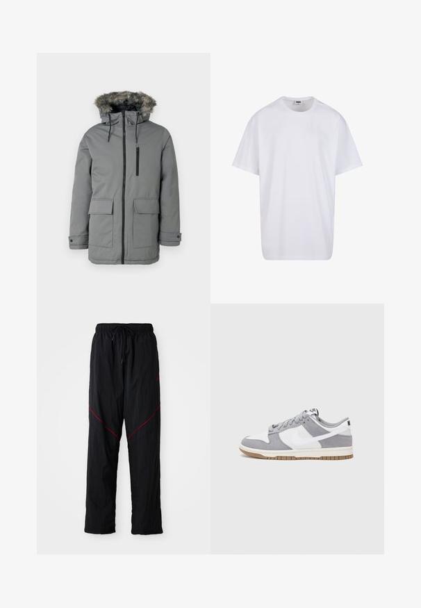 Parka grise rembourrée avec une capuche doublée en fausse fourrure, fermeture à glissière à l'avant, deux grandes poches avant et une poche zippée sur la poitrine.; T-shirt en coton blanc avec des manches courtes, un col rond, une coupe décontractée et sans logos ni motifs visibles. Texture lisse et design minimaliste.; Pantalons de sport noirs avec une finition texturée, dotés d'une taille à cordon, de lignes d'accent rouge et d'une coupe ample.; Baskets grises et blanches avec un dessus en suède et cuir, bout rond, lacets plats et semelle en caoutchouc avec une touche de gomme.