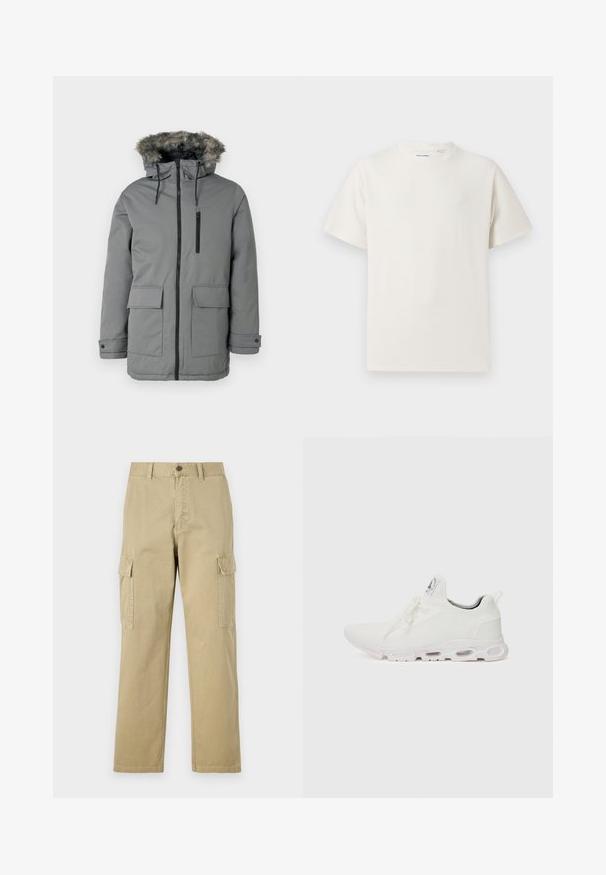 Pelēka, pildīta parka jakas ar mākslīgās kažokādas odere kapuci, priekšējā rāvējslēdzēja aizdare, divas lielas priekšējās kabatas un kabata ar rāvējslēdzēju uz krūšu.; Balta krūštura īsām piedurknēm ar ribota auduma faktūru. Apaļš kakla izgriezums, brīvs griezums, bez redzamām rakstām vai akcentiem. Vienkāršs un daudzpusīgs dizains.; Beige kravas bikses no kokvilnas, kas aprīkotas ar divām sānu kabatām, pogu aizdari un taisnām kājām ar nedaudz teksturētu audumu.; Baltas sporta apavi ar teksturētu adītu augšdaļu, platiem auklām un mīkstinātu zoli ar redzamām gaisa kamerām papildu atbalstam.