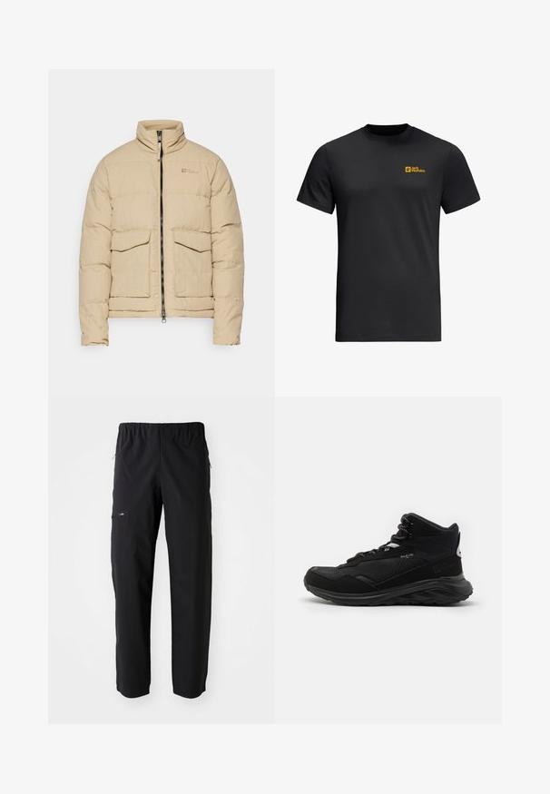 Beige gewatteerde pufferjas met hoge kraag, ritssluiting en twee voorflappenzakken. Soepele textuur en lichtgewicht ontwerp.; Zwarte katoenen T-shirt met korte mouwen, voorzien van een klein geel "Jack Wolfskin" logo op de linkerkant van de borst. Standaard ronde halsontwerp.; Jack Wolfskin PRELIGHT TRAIL PANTS - Outdoorbroeken - black; Zwarte hoge wandel schoenen met een bovenwerk van mesh en synthetisch materiaal, een gestructureerd oppervlak, een gewatteerde zool en contrasterende veters. Bevat een logo accent.