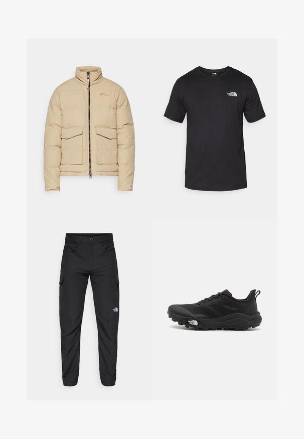 Beige quilted puffer jacket with a high collar, zip closure, and two front flap pockets. Smooth texture and lightweight design.; Black short-sleeve t-shirt made of cotton, featuring a round neckline and a small white logo on the upper left chest area.; The North Face HORIZON PANT - Outdoor trousers - black; Black trail running shoe with a textured upper, rubber sole, and reinforced toe cap. Features a padded collar and pull tab for easy wear.