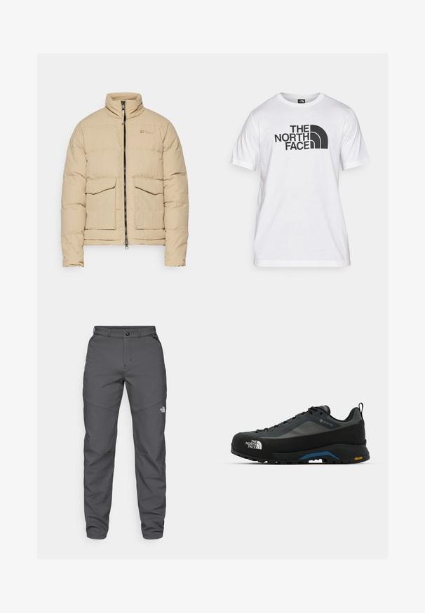 Beige gesteppte Pufferjacke mit hohem Kragen, Reißverschluss und zwei vorderen Klapptaschen. Glatte Textur und leichter Design.; Weißes Baumwoll-T-Shirt mit einem schwarzen Grafikdruck, der Text und ein geschwungenes Logodesign zeigt. Runder Halsausschnitt und kurze Ärmel. Schlichte Textur.; Grau Outdoor-Hosen aus einem robusten Stoff, mit Knopfverschluss, Gürtelschlaufen und einem Logo nahe dem Unterschenkel.; The North Face VERTO ALPINE GORE TEX - Hikingschuh - asphalt grey/tnf black
