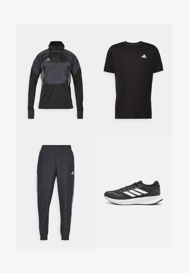 Juodas sportinis puloveris su aukštu apykakle, pusės užtrauktukas priekyje ir kontrastinga blizgia medžiaga ant pečių. Turi ilgas rankoves ir prigludusias apyrankes.; Juodas medvilnės marškinėliai trumpomis rankovėmis, su apvalia iškirpte ir balta logo kairiajame krūtinės šone. Lygus tekstūra ir paprastas dizainas.; Juodi sportiniai kelnių su elastinga juosta, šoninėse pusėse yra baltos juostos, o ant klubų yra mažas logotipas. Lygi tekstūra.; Juodas sportinis batelis su orui pralaidžia mėgintuvėliu, baltomis akcentais ir paminkštintu padu. Šone yra trijų juostų logotipas.