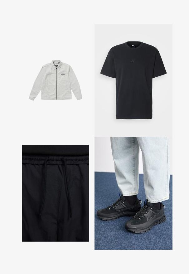 Světle šedá bundě na zip s límečkem, dvěma předními kapsami a vyšitým logem na hrudi. Bavlněný materiál, hladká textura.; Černé bavlněné tričko Nike s klasickým kulatým výstřihem, krátkými rukávy a decentně vyraženým logem na hrudi. Hladký povrch.; Černé šortky s páskem na šňůrku, lehký materiál s hladkou texturou a jednoduchý design bez viditelných log nebo vzorů.; Černé sportovní boty s texturovanou tkaninou a gumovou podrážkou, s elastickými tkaničkami a modrým akcentem na patě. Nosí se s světlými džíny.