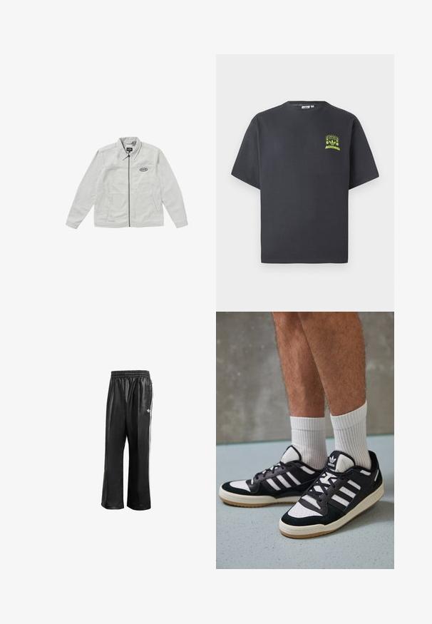 Light gray zip-up jacket with a collared neckline, two front pockets, and embroidered logo on the chest. Cotton material, smooth texture.; Charcoal gray Adidas T-shirt with short sleeves and a small neon green graphic of speakers, sun, and Adidas logo on left chest.; Black synthetic track pants with an elastic waistband, featuring white side stripes and a small white logo on the left hip.; Black and white sneakers with a suede and leather upper, featuring three white stripes, a perforated toe, and a gum rubber sole.