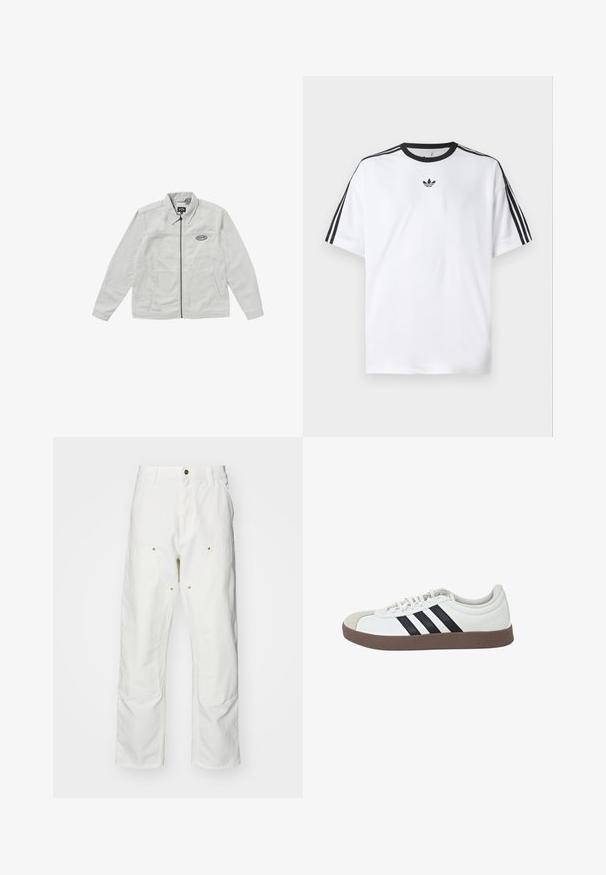 Giacca zip-up grigia chiara con colletto, due tasche frontali e logo ricamato sul petto. Materiale in cotone, texture liscia.; Maglietta bianca in cotone, con scollatura rotonda nera e tre strisce nere su ciascuna spalla. Piccolo logo nero sul petto.; Pantaloni cargo bianchi in cotone con vestibilità rilassata. Tra le caratteristiche ci sono tasche frontali, dettagli in metallo dorato e sezioni rinforzate sulle ginocchia.; Sneaker bianco con punta in suede grigia, design a tre strisce nere e suola in gomma marrone. Presenta chiusura con lacci e colletto imbottito.