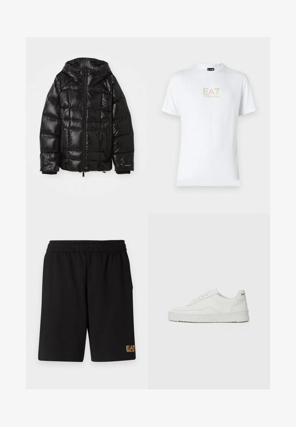 Čierna páperová bunda s lesklým povrchom, obsahujúca kapucňu, zips a elastické manžety. Štvorcový strih so prešitou polstrovanou časťou.; Biela bavlnená tričko s okrúhlym výstrihom a krátkymi rukávmi, na prednej strane s potlačou zlatého loga EA7 Emporio Armani.; Čierne športové šortky vyrobené z jemného materiálu, s elastickým pásom a malým žltým logom EA7 na dolnej ľavej nohe.; Biele kožené tenisky s hladkým povrchom, okrúly špičkový dizajn, ploché šnúrky a textúrovaná podrážka. Obsahujú jemné logo na päte.