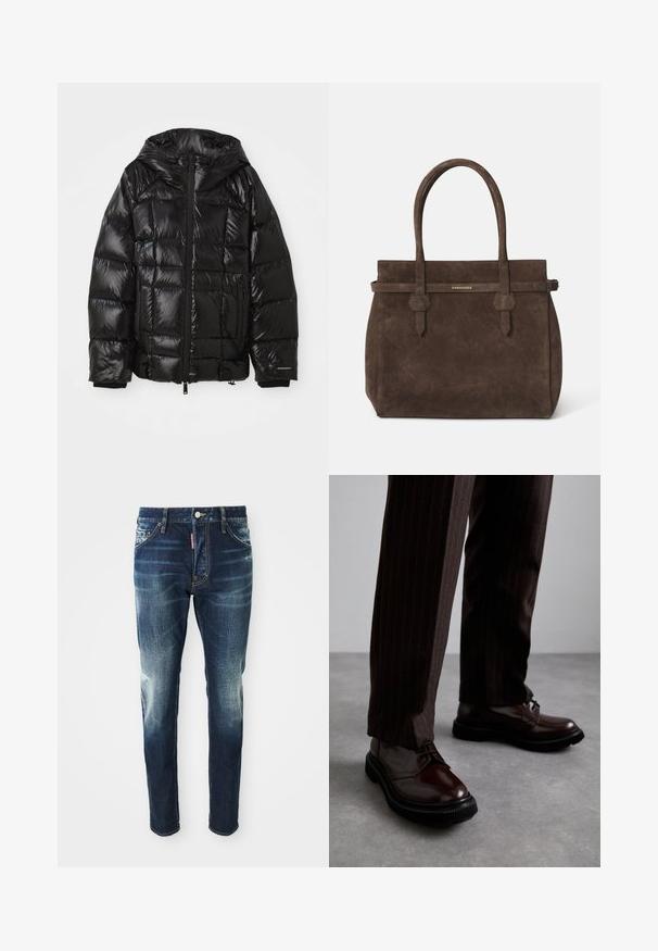 Black puffer jacket with a glossy finish, featuring a hood, zip closure, and elastic cuffs. Boxy design with stitched padded sections.; White cotton sleeveless tank top with a round neckline, featuring a smooth texture and a fitting shape, designed for casual wear.; Dark blue denim jeans with a slim fit, featuring faded areas on the thighs and knees, five pockets, and a metal button closure.; Brown leather lace-up shoes with a glossy finish, black rubber sole, and subtle stitching. Worn with pinstriped brown trousers.; Dark brown suede tote bag with dual handles and a horizontal strap featuring a small gold DSQUARED2 logo plaque.
