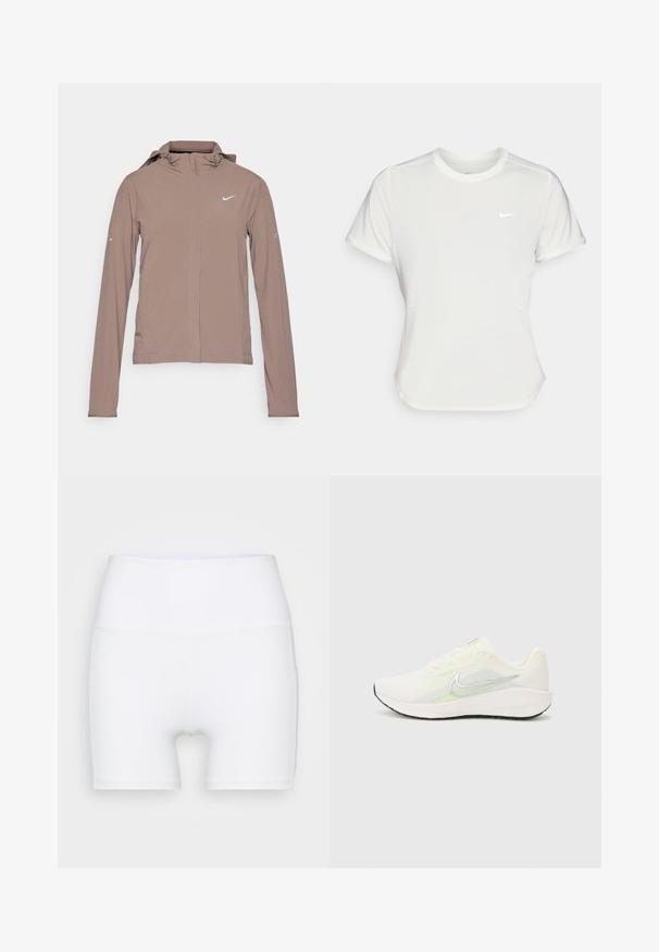Nike Performance SWIFT  - Vetrovka - mink brown/reflective silver; Nike majica v beli barvi, kratki rokavi, okrogla izrezana vrata, izdelana iz gladkega, lahkotnega materiala. Značilna je subtilna logo na prsnem delu.; Bele visoke hlače iz raztegljivega materiala. Imajo gladko teksturo in oprijet obliko, brez dodatnih vzorcev ali kovinskih delov.; Nike Performance DOWNSHIFTER 13 - Tekaški copati za cesto - sail/silver-coloured photon dust/summit white/barely volt/black
