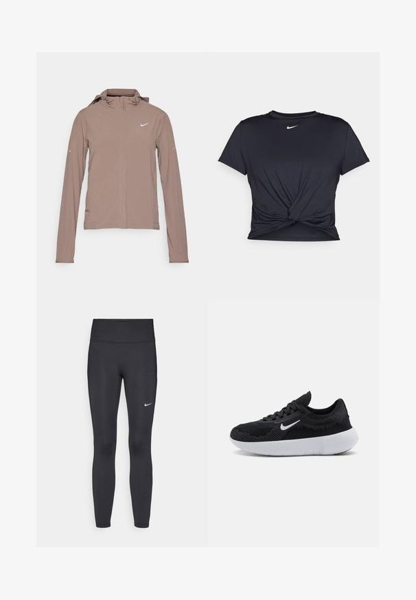 Nike Performance SWIFT - Windbreaker - mink brown/reflective silver; Schwarzes Sport-T-Shirt aus glattem Stoff, mit einem geknoteten Vorderdesign und einem kleinen weißen Nike-Logo auf der Brust.; Schwarze Leggings aus elastischem Stoff, mit einem hohen Bund und einem weißen Nike-Logo auf dem linken Oberschenkel. Glatte Textur, figurbetontes Design.; Schwarzer Sportschuh mit einem Obermaterial aus Mesh, strukturiertem Design, runder Zehenpartie, weißer Gummisohle und einem Nike-Logo an der Seite.