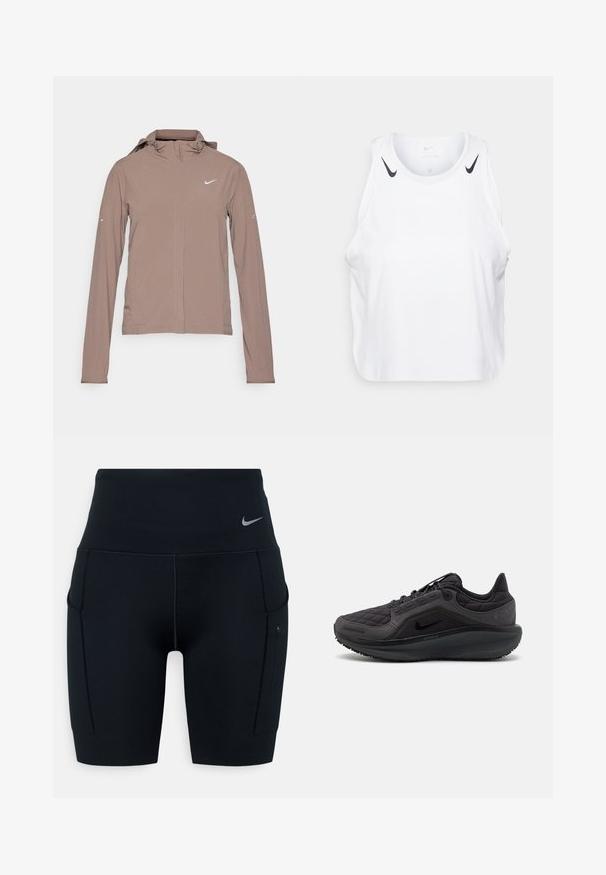 Nike Performance SWIFT - Windjack - mink brown/reflective silver; Witte mouwloze tanktop van lichtgewicht stof, met zwarte Nike-logo accenten op de schouders, een ronde halslijn en een relaxte pasvorm.; Zwarte hoogsluitende sportshorts gemaakt van rekbaar materiaal; heeft zijzakken en een klein Nike-logo op de tailleband.; Zwarte sportieve schoen met een gewatteerde bovenkant, textuuraccenten en een gevoerde zool. Heeft een opvallend Nike-logo en een duurzame buitenzool.