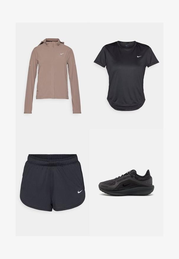 Nike Performance SWIFT taupe; Czarna koszulka sportowa z krótkim rękawem, wykonana z gładkiego, oddychającego materiału. Posiada okrągły dekolt i małą białą naszywkę Nike na piersi.; Czarne szorty sportowe wykonane z lekkiego, oddychającego materiału. Posiadają elastyczny pas i biały logo Nike na dolnym prawym boku.; Czarny but sportowy z pikowaną cholewką, teksturowanymi akcentami i wyściełaną podeszwą. Posiada wyróżniające się logo Nike oraz trwałą podeszwę.