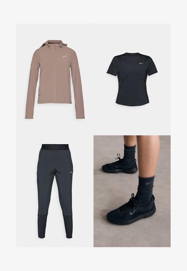 Nike Performance SWIFT - Giacca a vento - mink brown/reflective silver; Maglietta sportiva nera a maniche corte realizzata in tessuto leggero e traspirante. Ha un colletto rotondo e un piccolo logo Nike bianco sul petto.; Pantaloni sportivi Nike di colore grigio scuro, caratterizzati da un design con gamba affusolata, vita elasticizzata e dettagli decorativi vicino ai polsini.; Sneakers neri Nike con tomaia in maglia testurizzata, caratterizzati da un logo swoosh grigio, abbinati a calze scure a coste. Suola in gomma piatta.