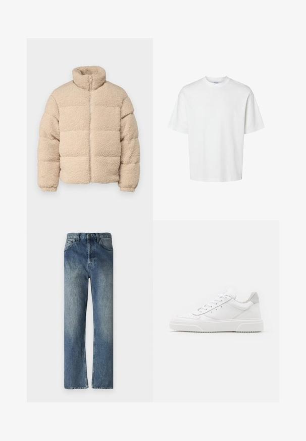Jack & Jones JORCAMP PUFFER JACKET - Vinterjakker - cloud dancer; Hvid bomulds T-shirt med korte ærmer, rund halsudskæring og en afslappet pasform. Glat tekstur uden synlige mønstre eller detaljer.; Blå denimjeans med lige ben, der har en falmet vask, bæltestropper, forlommer og en enkelt baglomme.; Hvide lædersneakers med en glat finish, rund tå, flade snørebånd og en struktureret sål. Grå ruskindsdetalje ved hælen.