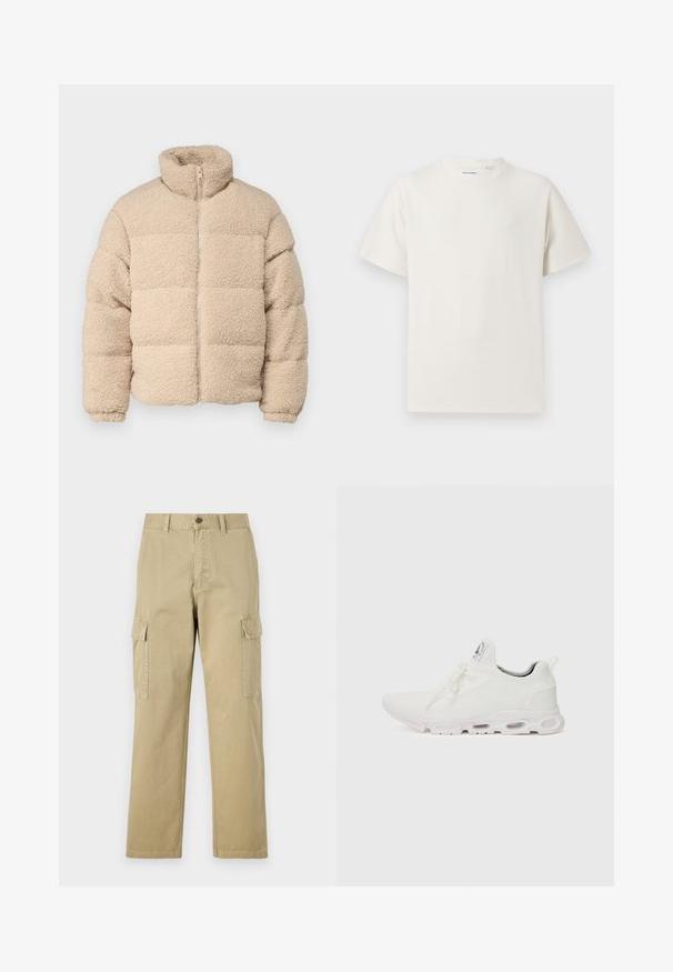 Jack & Jones JORCAMP PUFFER JACKET - Zimska jakna - cloud dancer; Bela majica s kratkimi rokavi iz rebraste tkanine. Okrogli izrez, sproščen kroj, brez vidnih vzorcev ali naglasov. Preprosta in vsestranska zasnova.; Bež hlače s cargo krojem iz bombaža, z dvema stranskima žeparm, gumbom za zapiranje in ravnimi nogavicami iz rahlo teksturirane tkanine.; Bela atletska obuća z značilnom pletenom gornjom stranom, ravnim vezicama i podlogom s jastučićem koja ima vidljive zračne komore za dodatnu potporu.