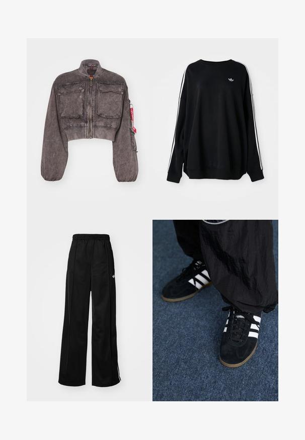 Alpha Industries MULTIPOCKET FLIGHT JACKET - Giubbotto Bomber - black; Felpa nera oversize in morbido tessuto, con strisce bianche lungo le maniche e un piccolo logo sul petto. Collo tondo.; Pantaloni da tuta neri a gamba larga con vita elasticizzata, caratterizzati da strisce laterali bianche e un piccolo logo sull'anca sinistra. Tessuto liscio.; Scarpe da ginnastica nere in suede con tre strisce bianche e lacci neri. Un pantalone nero a trama è parzialmente visibile accanto alle scarpe.