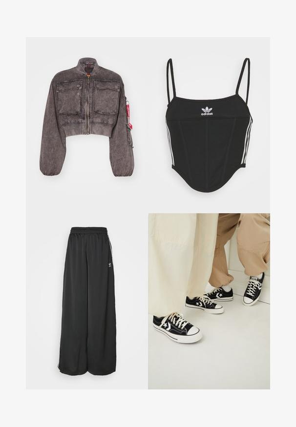 Alpha Industries MULTIPOCKET FLIGHT JACKET - Chaquetas bomber - black; Top corto negro con canalé y tirantes finos ajustables, que presenta tres rayas blancas a los lados y un pequeño logo de Adidas blanco en el centro.; Pantalones de chándal negros de corte holgado, fabricados en un tejido suave. Cuentan con una cintura elástica y rayas laterales con acentos de logo.; Zapatillas de lona negras con suelas de goma blanca, que cuentan con acentos de estrellas blancas y cordones negros, combinadas con pantalones en tonos beige claro y crema.