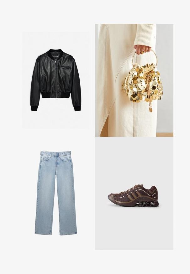 Musta nahkainen bomber-takki, jossa on vetoketju etupuolella, ribatut kaulus ja hihansuut, sivutaskut ja pieni rintatasku. Sileä rakenne ja istuva malli.; Mustapohja pitkähihainen paita, joka on valmistettu pehmeästä kankaasta ja jossa on drapeerattu muotoilu, ristikkäinen etuosa ja venepääntie. Sujuva pinta, lyhyt malli.; Vaaleansiniset farkut, joissa on leveä lahjemuotoilu, nappi- ja vetoketjusuljenta, viisi taskua sekä vähäiset ompeluyksityiskohdat.; Ruskeat urheilukengät, joissa on verkkovuori ja synteettinen päällinen, kolmonen raita, yksityiskohtainen ompelu, pehmustettu pohja ja tyypillinen joustava kanta.; Kultaista paljettikangasta oleva nyöriolkalaukku, jossa on pyöreä kahva, kiiltävät pyöreät paljetit ja teksturoitu kangas. Mittoja ei ole ilmoitettu.