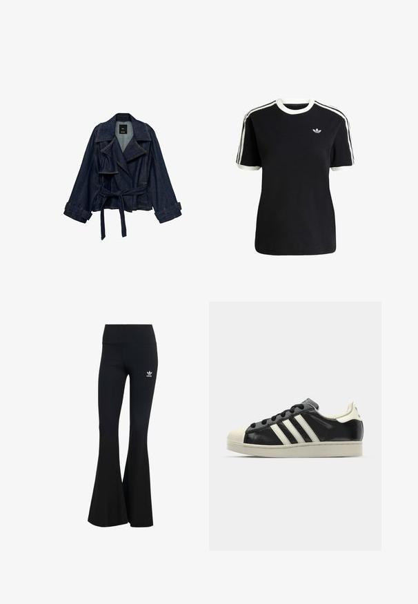 Donkerblauwe spijkerjack met brede revers, ceintuur in de taille en manchetbanden, tentoongesteld tegen een witte achtergrond.; Zwarte katoenen t-shirt met witte accenten op de kraag en mouwen, met drie witte strepen op elke schouder en een klein logo op de borst.; Zwarte geribbelde flared legging met een brede tailleband, voorzien van een klein wit Adidas-logo aan de bovenste linkerkant. Zachte stoftextuur.; Zwarte leren sneaker met witte strepen, rubberen teenbescherming, zwarte veters en een crèmekleurige loopzool. Glad oppervlak met een glanzende afwerking.