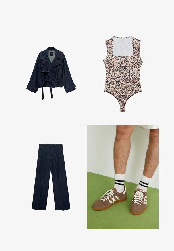 Tmavě modrá džínsová bunda s širokými klopami, páskem v pase a zapínáním na manžetách, vystavená na bílém pozadí.; Bodysuit s leopardím potiskem, s kulatým výstřihem, bez rukávů, vyrobený z měkké látky a s patentkami na spodní části. Barevná paleta zahrnuje béžovou a černou.; Námořnické modré džínové kalhoty s širokými nohavicemi, vyšším pasem, sklady a tradičním pětipocket designem, vyrobené z denimové tkaniny s jemnými prošitím.; Hnědé semišové tenisky s bílými akcenty a tkaničkami. Gumová podrážka. Nošeny s bílými ponožkami s černými pruhy. Zelená strukturovaná podlaha.