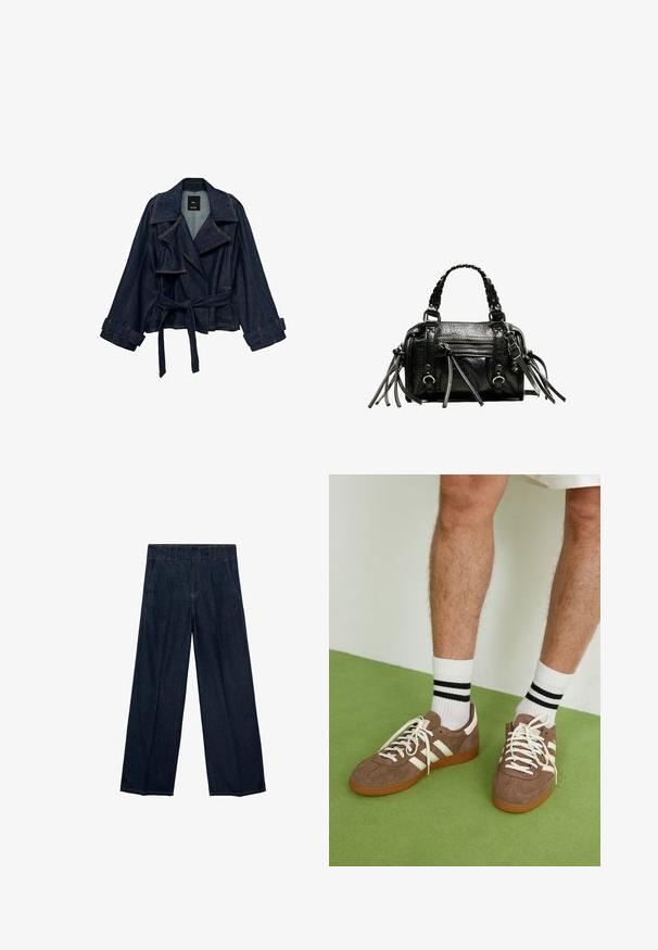 Tummansininen farkkutakki leveillä kauluksilla, vyöhön kiinnitettävällä vyöllä ja hihansuiden säätöillä, esitetty valkoista taustaa vasten.; Bodysuit kuosi leopard dengan leher bulat, tanpa lengan, fabric lembut, dan penutupan snap di bagian bawah. Palet warna termasuk beige dan hitam.; Laivastonsiniset leveälahkeiset farkut, joissa on korkea vyötärö, laskokset ja perinteinen viisi taskua -muotoilu. Valmistettu farkkukankaasta, jossa on hienovaraiset ommelkoristukset.; Ruske nahkate sneakerit valkoisilla korostuksilla ja nauhoilla. Kumi-gumipohja. Yhdistetty valkoisiin sukkiin, joissa on mustia raitoja. Vihreä teksturoitu lattia.; Musta nahkalaukku, jossa on punotut kahvat, teksturoitu pinta, vetoketjullinen etutasku ja koristeelliset fringes-akoristeet. Kompakti ja jämäkkä muoto.