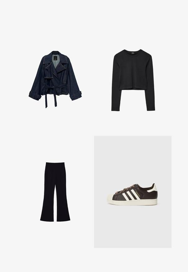 Tmavomodrá džínová bunda so širokými klopami, opaskom v páse a remienkami na manžetách, vystavená na bielom pozadí.; Čierny dlhý rukáv skrátený top s okrúhlym výstrihom, jednofarebný dizajn a mierne zakrivený lem.; Čierne široké nohavice s vysokým pásom a bez viditeľných vreciek alebo gombíkov, zobrazené na bielom pozadí.; Nízke tenisky Adidas Superstar z tmavohnedej kože s béžovou špičkou, bielymi pruhmi a nápisom „Superstar“ na boku.