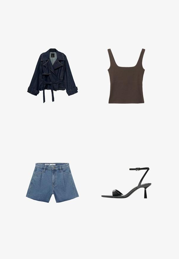 Ciemnoniebieska kurtka dżinsowa z szerokimi klapami, przewiązana w talii i z paskami przy mankietach, wyeksponowana na białym tle.; Brązowa bezrękawnikowa bluzka o kwadratowym dekolcie, wykonana z miękkiego, elastycznego materiału. Posiada dopasowany krój i płaskie szwy.; Jasnoniebieskie szorty dżinsowe o wysokim stanie, z fałdami z przodu, zamkiem błyskawicznym i postrzępionym wykończeniem. Zawierają cztery kieszenie.; Bershka - Sandały na obcasie