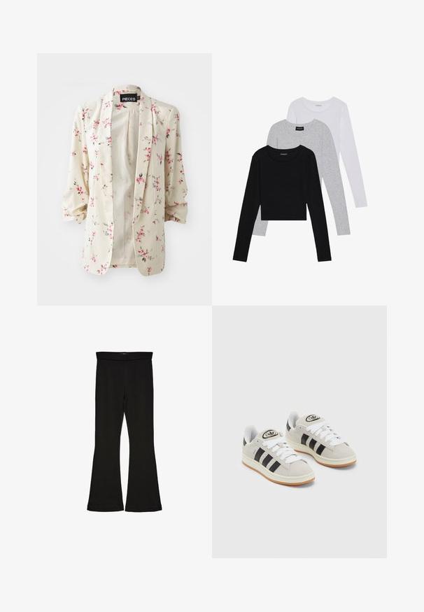 Blomsterblazer i kremfarget stoff, med rosa og grønne blomsterdesign, åpen front og trekvartlange ermer med en myk tekstur.; Tre lange ermer t-skjorter stablet: svart, grå og hvit. Hver har en rund hals og et kort design med glatt, lett stoff.; Sorte flared leggings laget av stretchy stoff. Har en bred midjebånd og en glatt tekstur, med en tettsittende silhuett som blir videre nedover.; Grå semsket sneakers med hvite lisser, svarte striper og en hvit gummisåle. Har en sirkulær logo på tungen og en gummisåle.