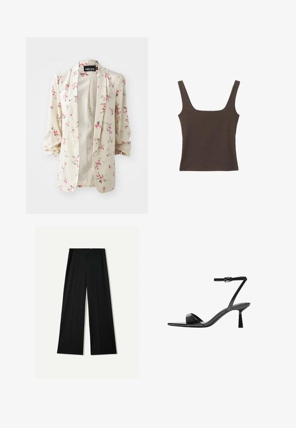 Cvečni blejzer iz kremaste tkanine, ki ima rožnate in zelene cvetlične vzorce, odprt spredaj in tričetrtinski rokavi z mehkimi teksturami.; Rjava brezrokavna majica s kvadratnim izrezom, narejena iz mehkega, elastičnega materiala. Ima oprijet kroj in ravne šive.; Bershka WIDE - Hlače - black; Bershka Sandali z visoko peto - black